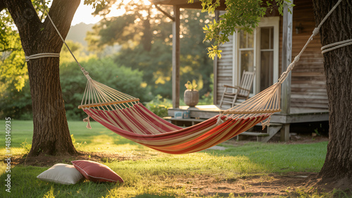 Striped hammock strung between trees in a sunny backyard symbolizing relaxation and leisurely comfor