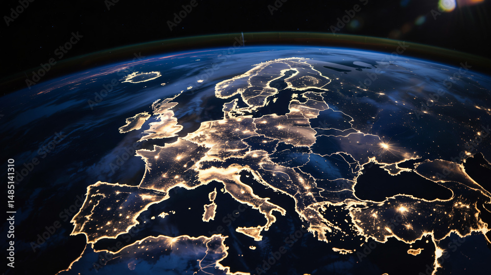 Stunning Earthrise view of Europe at night showing city lights and sunrise from space