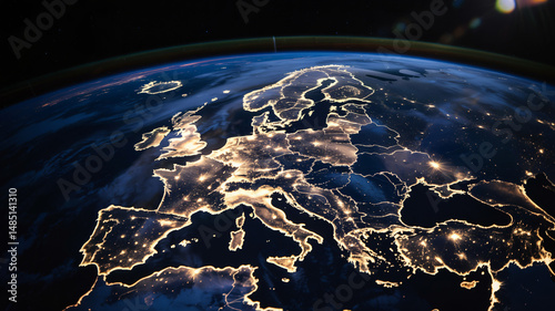 Obraz na płótnie Stunning Earthrise view of Europe at night showing city lights and sunrise from space w salonie