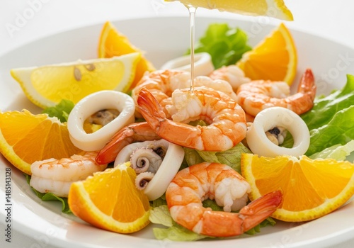 Preparing Seafood Salad with Citrus Dressing on White Plate