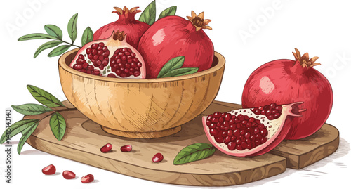 Pomegranate vector design, Pomegranate in bowl on table in white background illustration vector design