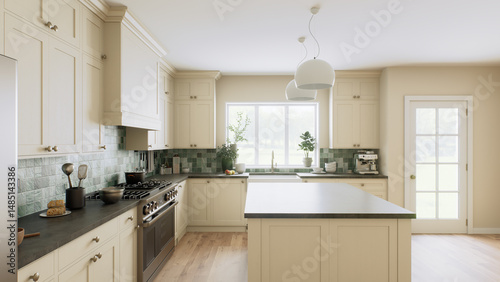 This is a stylish and modern kitchen, decorated with beautiful green accents and an open layout