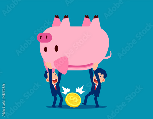 Currency. Team pour out a gold coin from the piggy bank