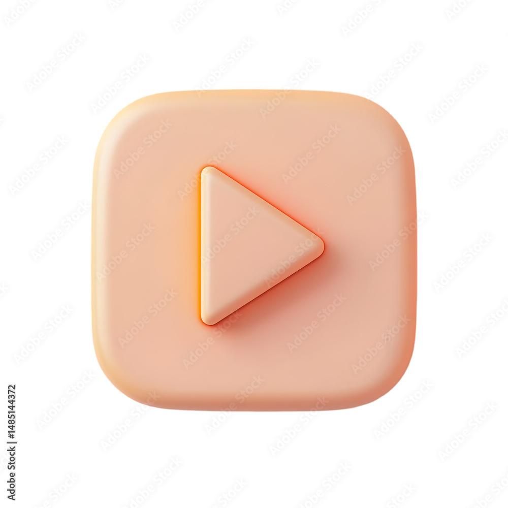 Peach-colored square icon with a play button in a 3D, geometric style. A simple, modern design element for visual media. Peach-colored square icon with a play button in a 3D, geometric style. A simple, modern design element for visual media.