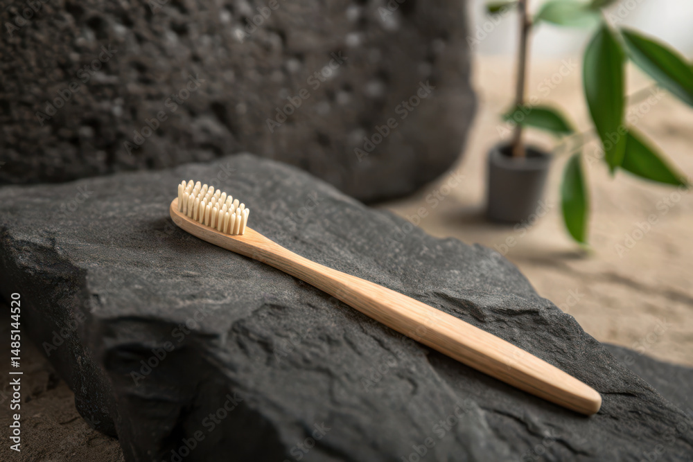 Naklejka premium Eco friendly bamboo toothbrush on stone surface, showcasing natural materials and design