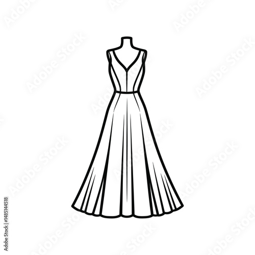 Elegant black outline drawing presents a formal dress with a vneck on a mannequin which is transparent