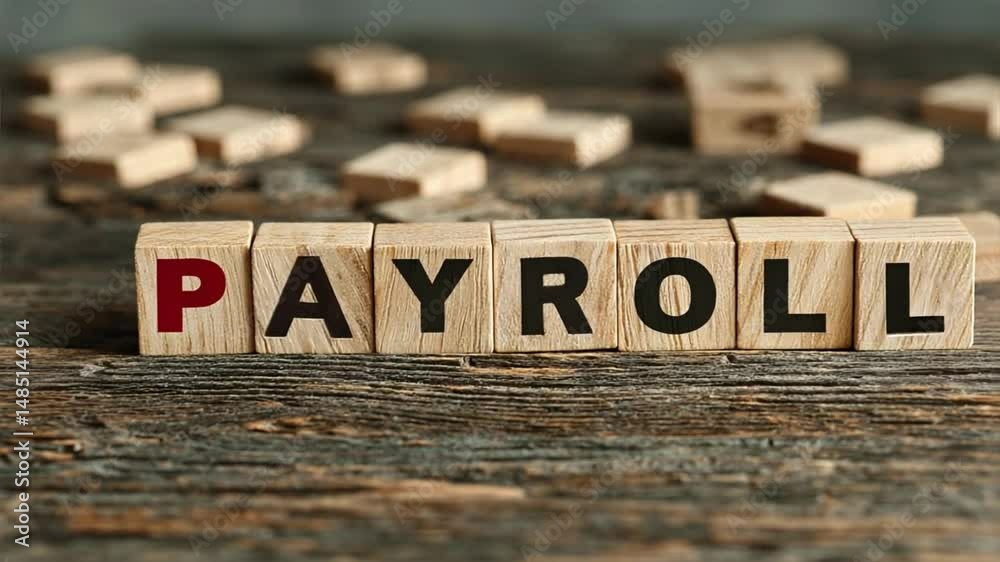 Wooden blocks on table form word payroll, symbolizing simple hr payroll process, payroll management and payroll system planning for small teams