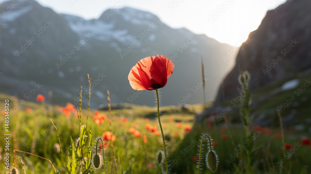 Sunny Alpine Meadow with Vibrant Flowers and Majestic Peaks