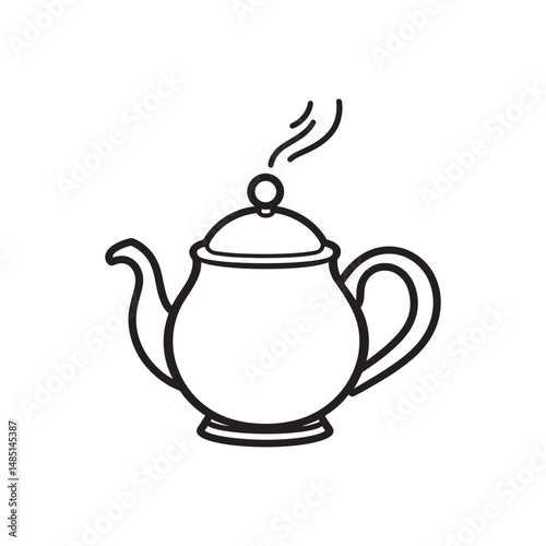 Elegant black outline drawing showcases a teapot with steam rising on transparent background