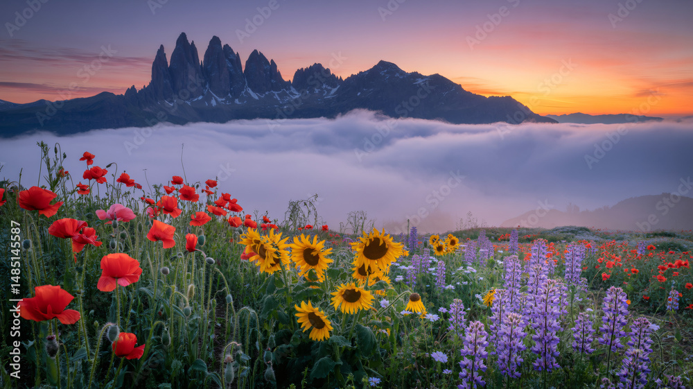 Sunrise Panorama of Misty Mountains and Colorful Fields