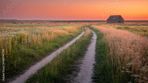 Sunset vista of a rural track through tall grass