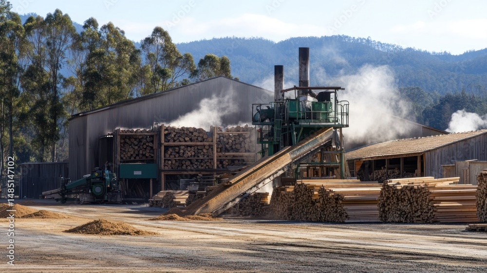 Fototapeta premium Lumber mill wood processing industrial machinery and timber stacks