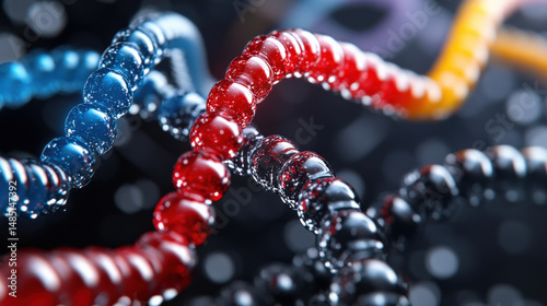 Colorful strands of DNA intertwine in vibrant display, symbolizing complexity and beauty of genetic science. image captures essence of biotechnology and medical breakthroughs