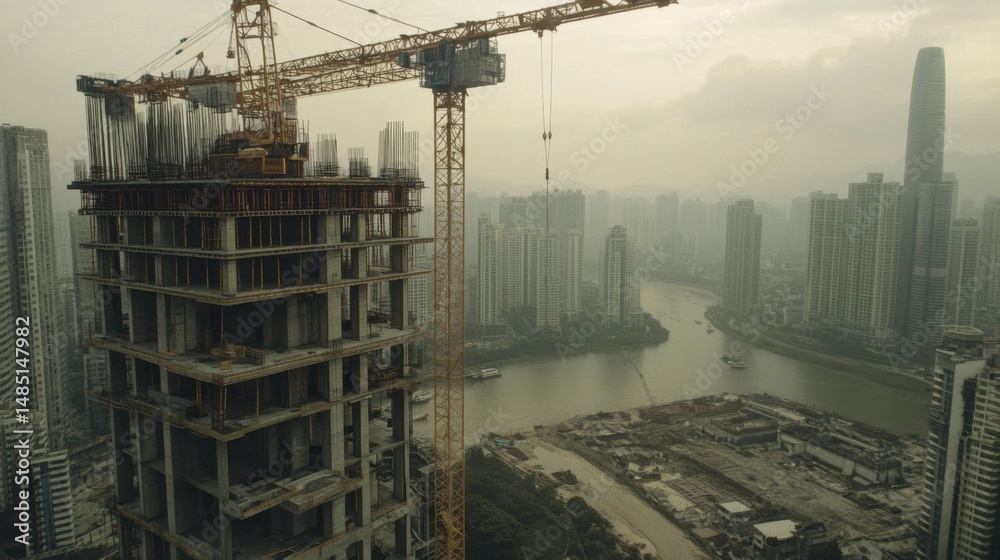 Fototapeta premium Smart robotic crane lifting and placing large concrete slabs on a high-rise building under construction