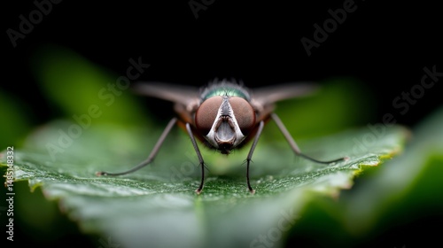 Front view of a fly on a leafy surface