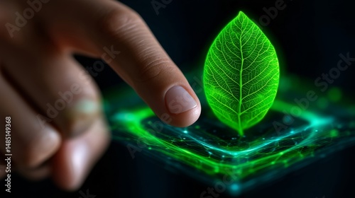 Digital interaction with glowing green leaf