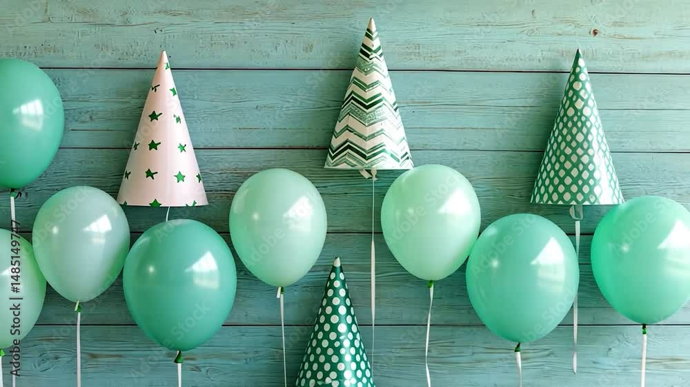 Mint green balloons and party hats against a teal wood backdrop