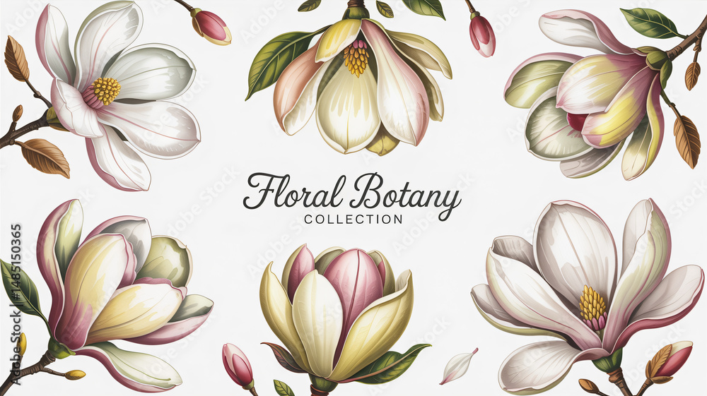 The sketch floral botany collection features magnolia flowers on a white background all hand-drawn