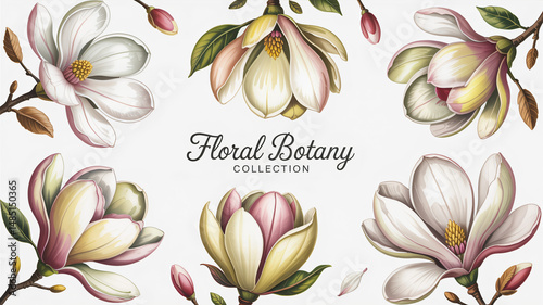 Obraz na płótnie The sketch floral botany collection features magnolia flowers on a white background all hand-drawn w salonie