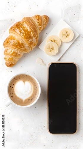 Flatlay of Breakfast: Coffee, Croissant and Banana on White Background photo