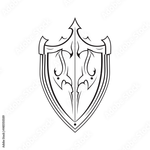 Elegant shield presents intricate gothic line work on a white backdrop