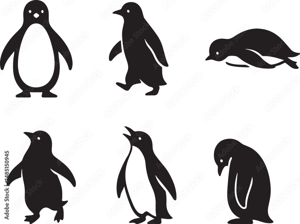 Naklejka premium Penguin Silhouettes Vector Illustration Isolated on White Background.