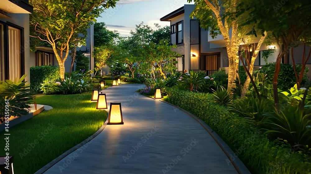 Serene, illuminated pathway winding through a lush, landscaped residential area at night Serene, illuminated pathway winding through a lush, landscaped residential area at night