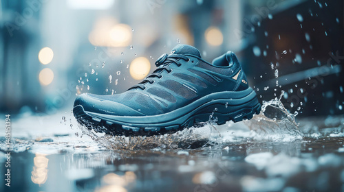 Sleek blue running shoe splashing through puddles in city rain at dusk