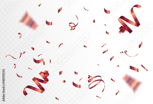 Confetti explosion on a transparent background. Dark red gradation. Shiny shiny golden paper pieces fly and spread around. vector illustration	
