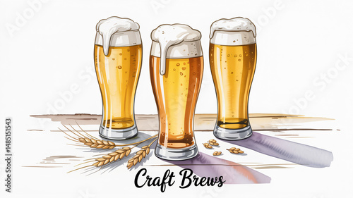Three glasses of light beer with frothy heads and bubbles depicted in watercolor illustration