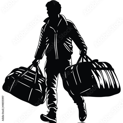 a black silhouette of a man walking with two large duffel bags in his hands