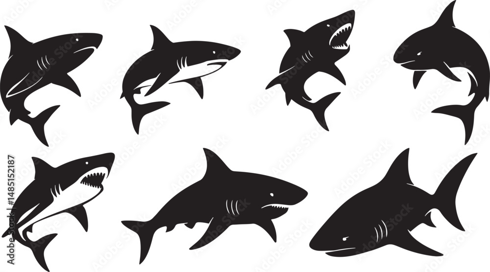 Fototapeta premium Shark Silhouettes Vector Illustration on White Background.