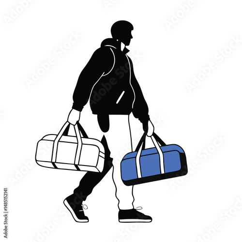 a black silhouette of a man walking with two large duffel bags in his hands