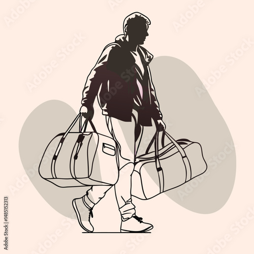 a black silhouette of a man walking with two large duffel bags in his hands