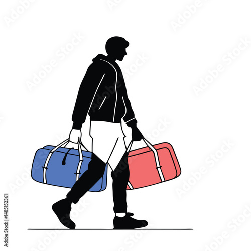 a black silhouette of a man walking with two large duffel bags in his hands
