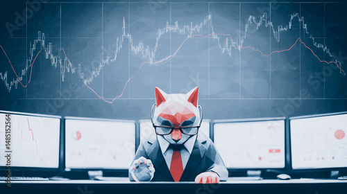 Clever Trader: A cunning fox in a suit with glasses, intently observing market charts, embodies the wit and intelligence behind financial strategy.