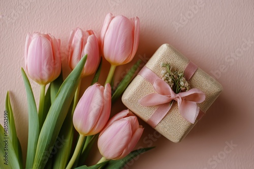 Beautiful Pink Tulips With a Gold Gift Box on a Soft Pink Background During S...