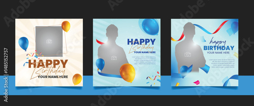 Birthday wishes social media posts bundle template, party invitation or greeting card, happy wedding anniversary celebration event square banner poster design set
