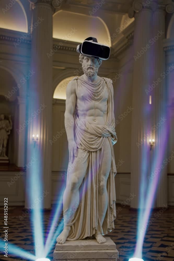 Statue classique avec casque de réalité virtuelle dans un musée illuminé

