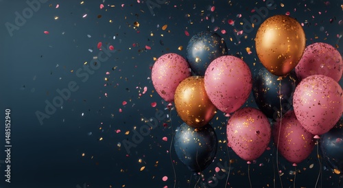 Celebration With Colorful Balloons and Confetti Falling Against a Blue Backgr...