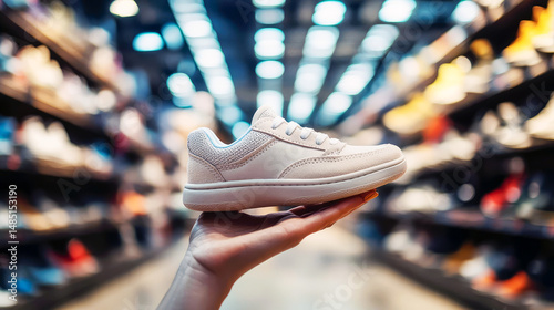 Hand holding a stylish white sneaker in a shoe store with colorful displays