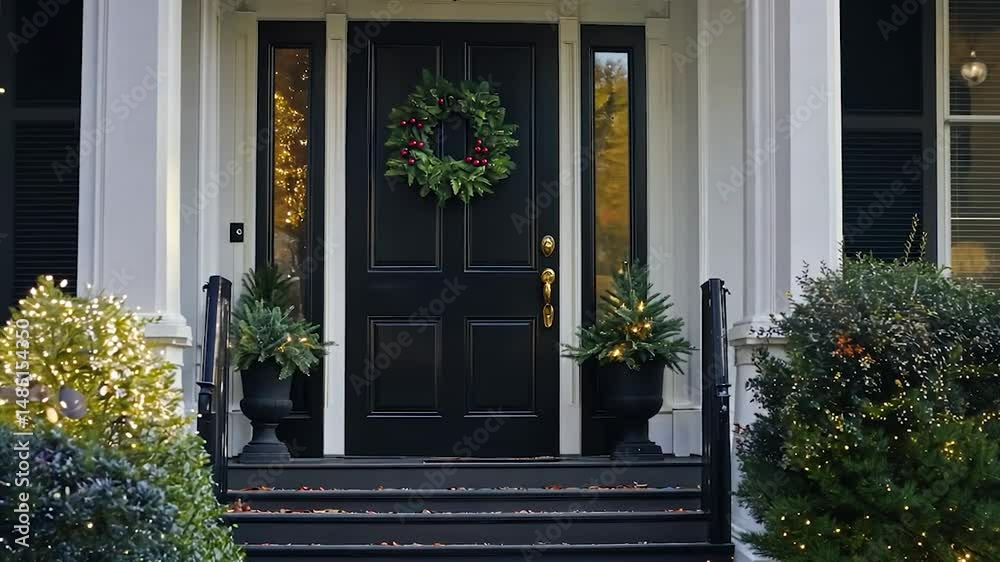 Festive front porch with a black door, adorned with a wreath and potted evergreens, illuminated by warm string lights