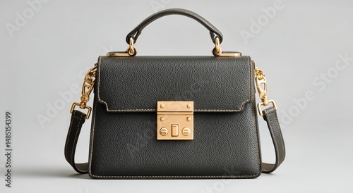 Stylish Black Leather Handbag With Gold Accents and Adjustable Strap on a Lig...
