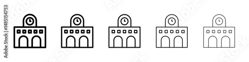 Train station building icons in black stroke designs on white background