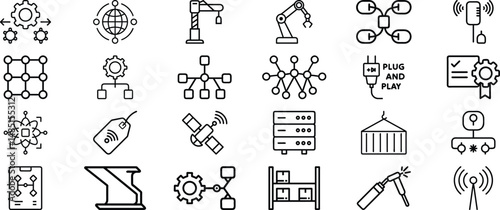  Industry icon set and vector and  system Gear Mechanism , Network Nodes, Industrial Robot ,  Interlinked Systems of different professions on white background