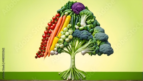 Assorted of vegetables in shape of tree. Flat lay