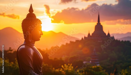 Fototapeta Naklejka Na Ścianę i Meble -  Buddha statue at sunset overlooking a serene landscape with temples, symbolizing peace, spirituality, and reflection