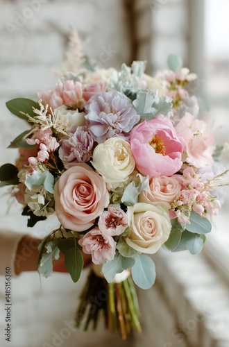Beautiful Bouquet of Pastel Flowers Held by a Person Near a Window With Natur...