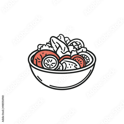 Fresh salad featuring tomatoes and lettuce inside bowl has a transparent background