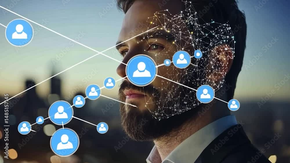Man's face overlaid with network connections, symbolizing digital connections and social networking in a cityscape backdrop